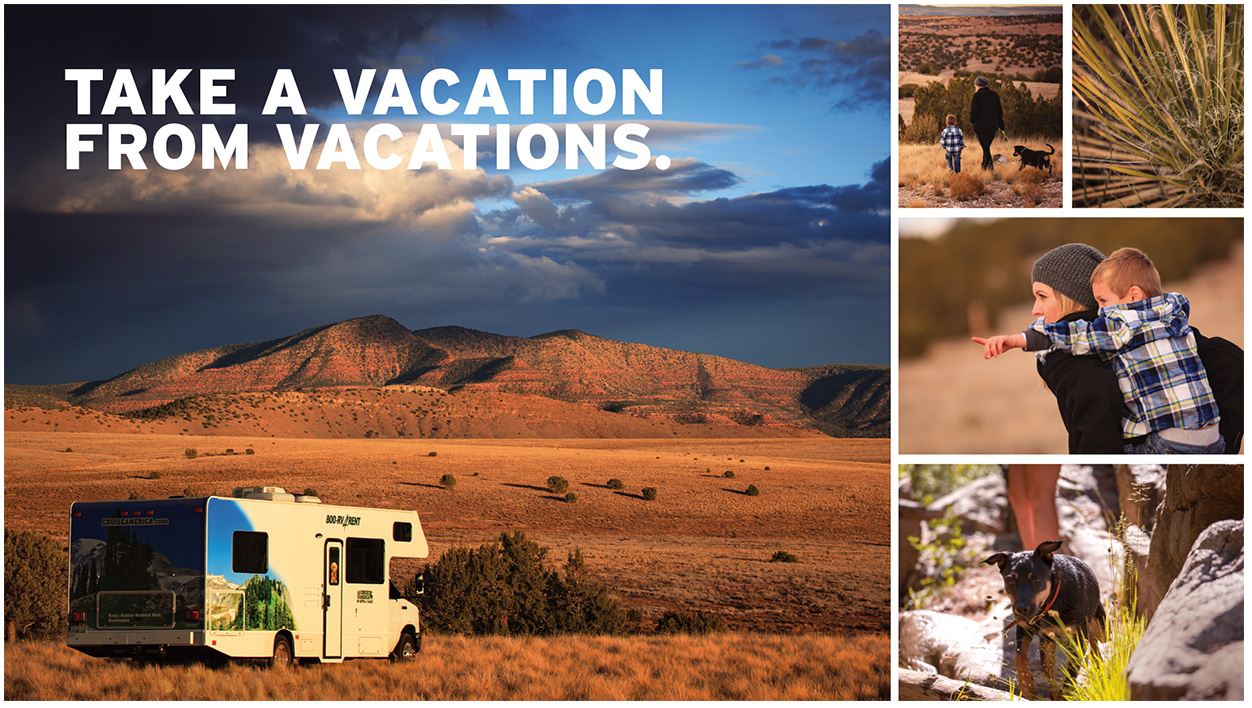 RV in the desert overlooking the mountains