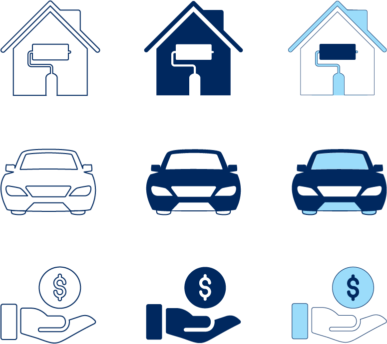 icon design stages, outlined, filled, full-color