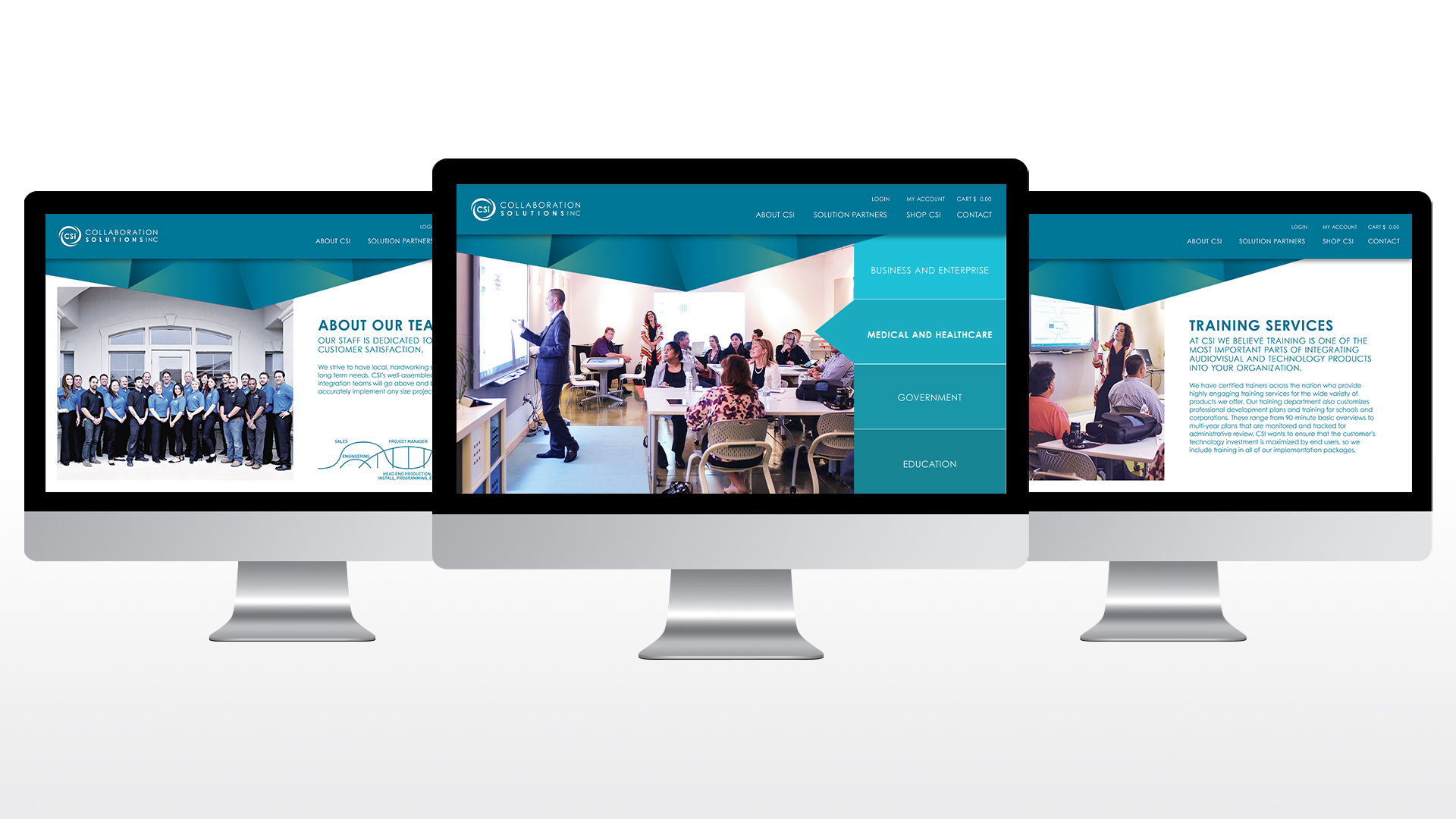 Collaboration Solutions website page designs on 3 separate iMac screens