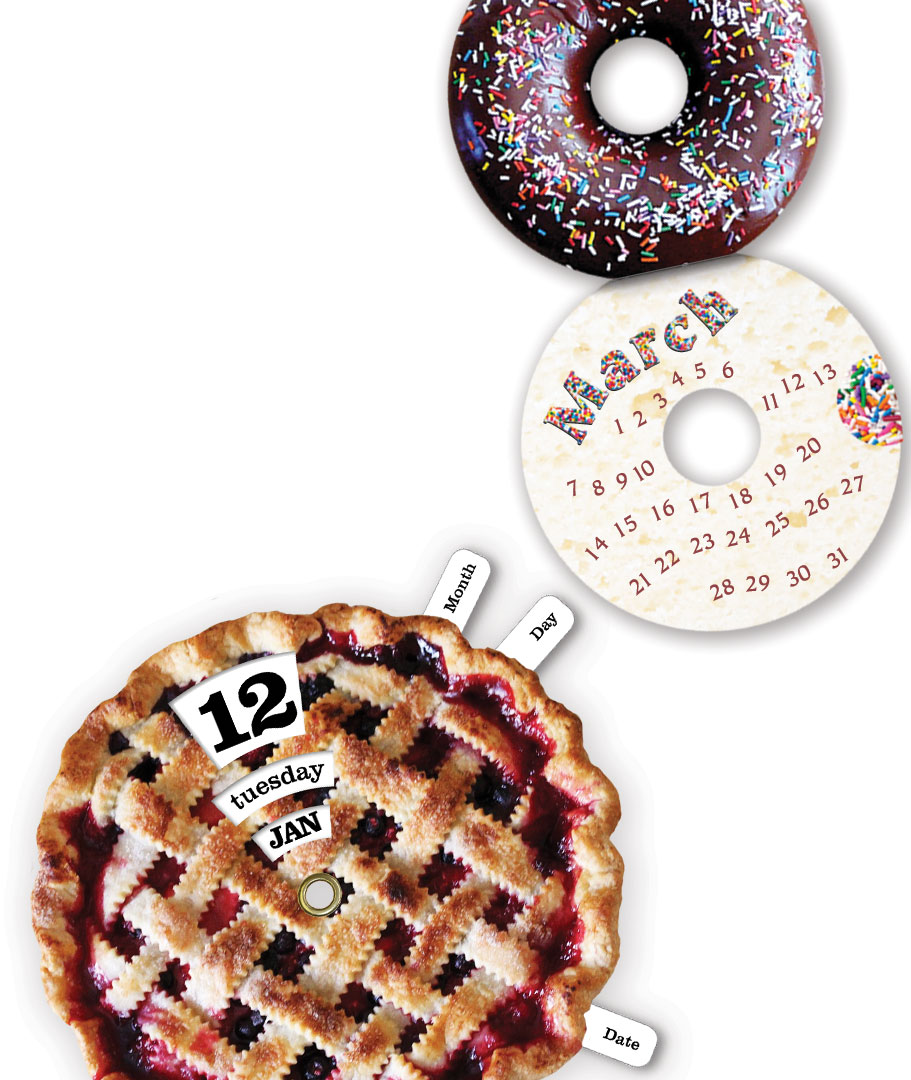 Circular calendars in the shape of a donut and a pie