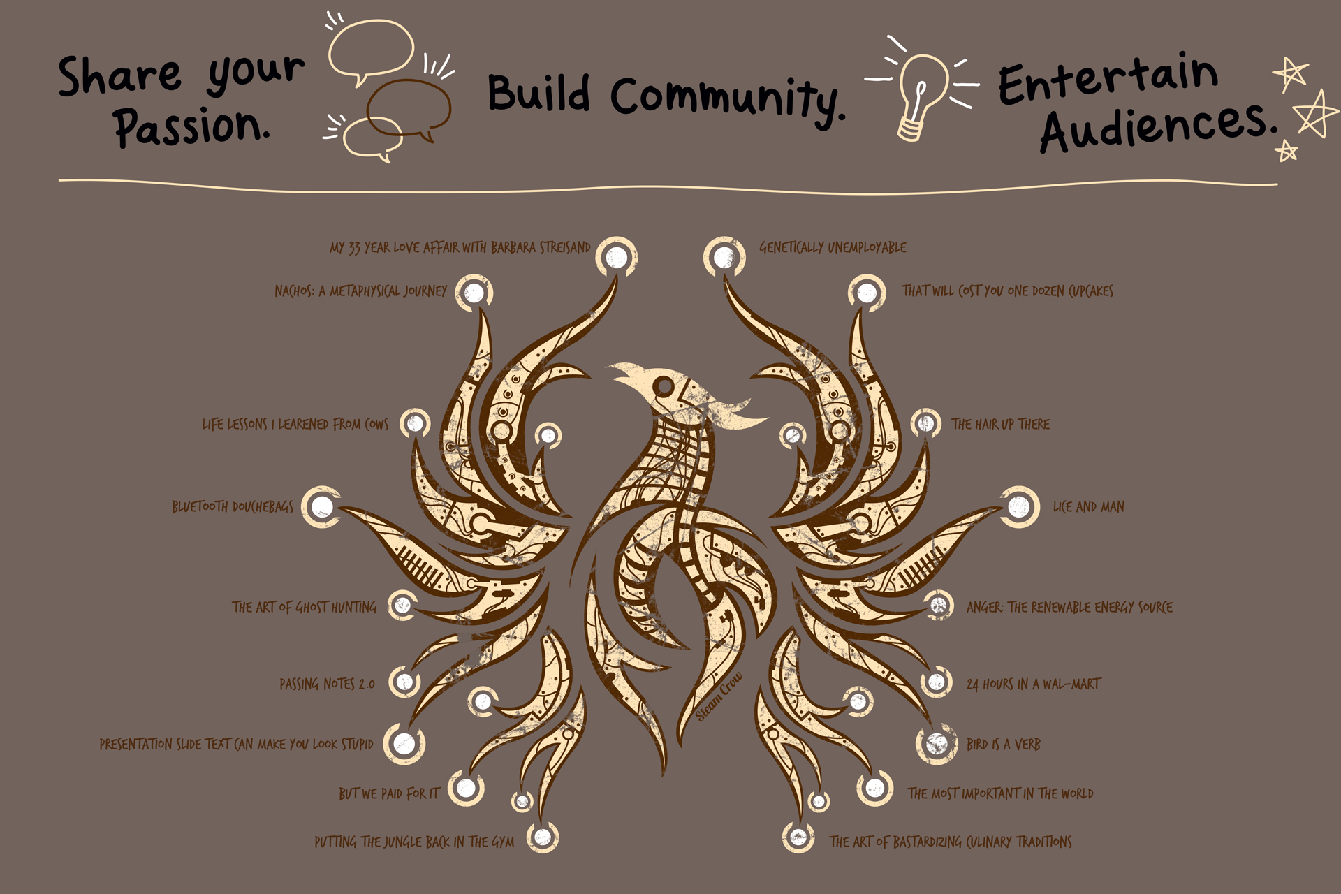 Steampunk Phoenix logo with sampling of various talk topics