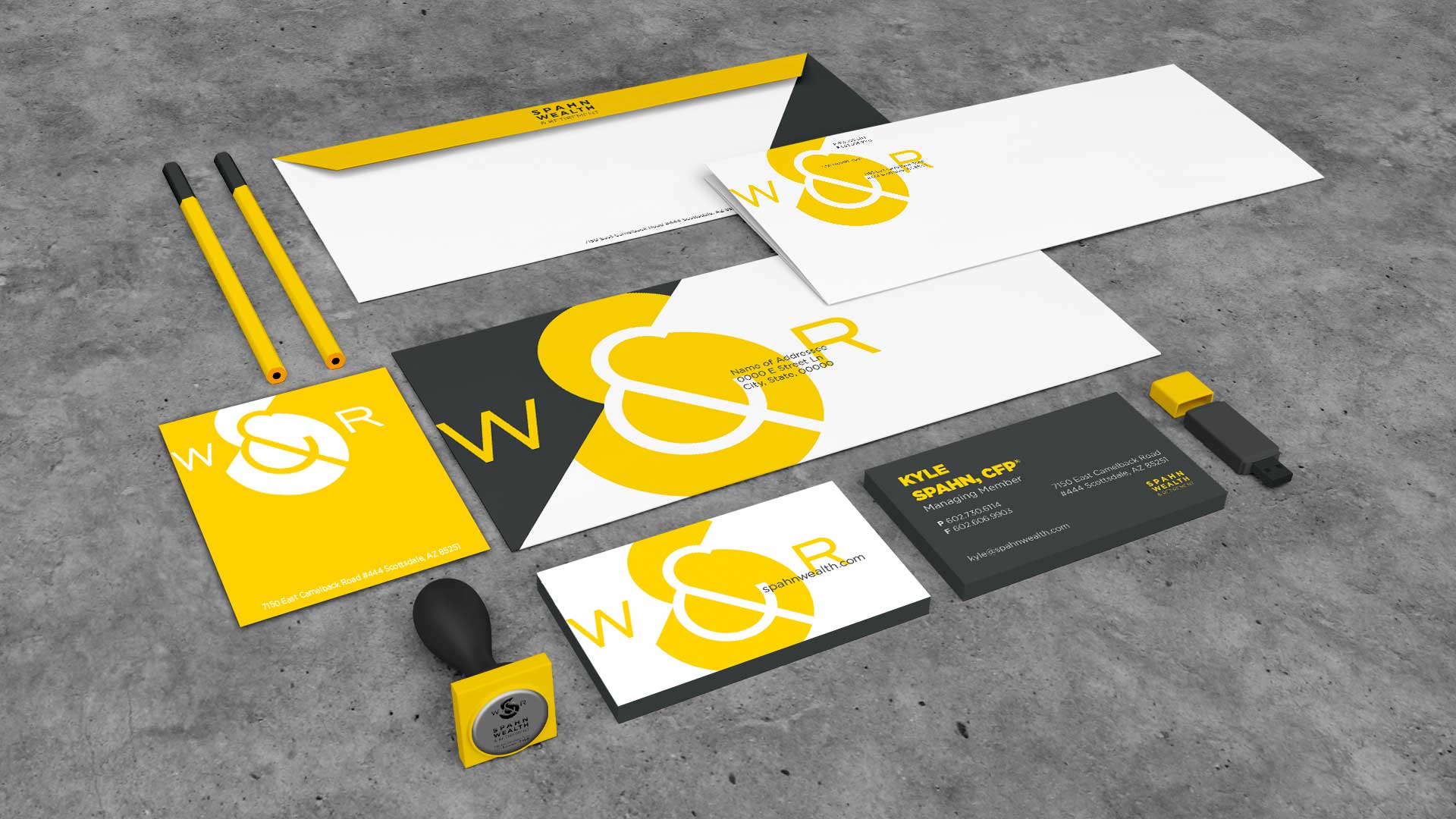 Spahn business system: envelope, letterhead, post-it notes, stamps, business cards