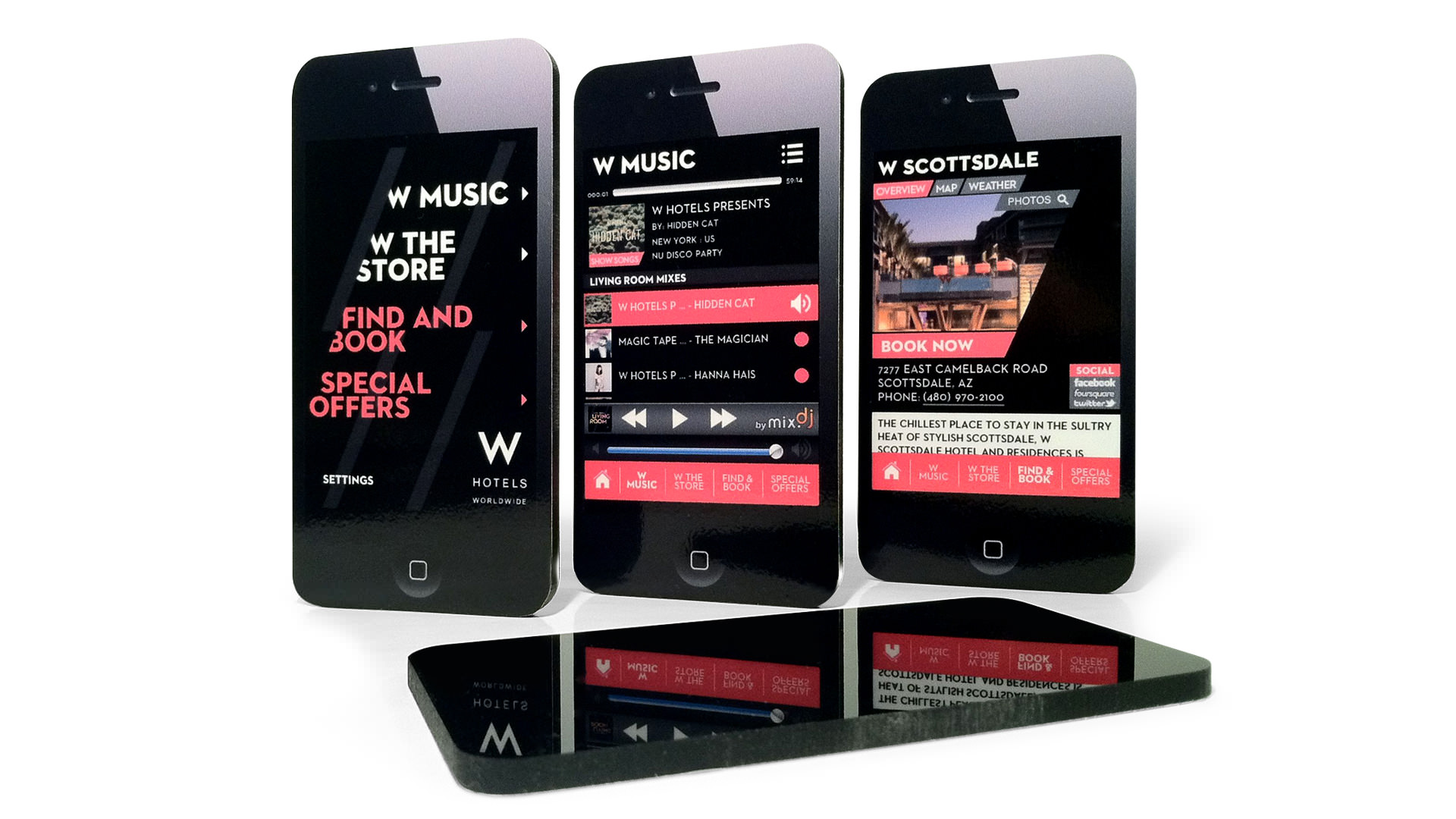 Take-aways shaped like iphone that announce the new W Hotels app