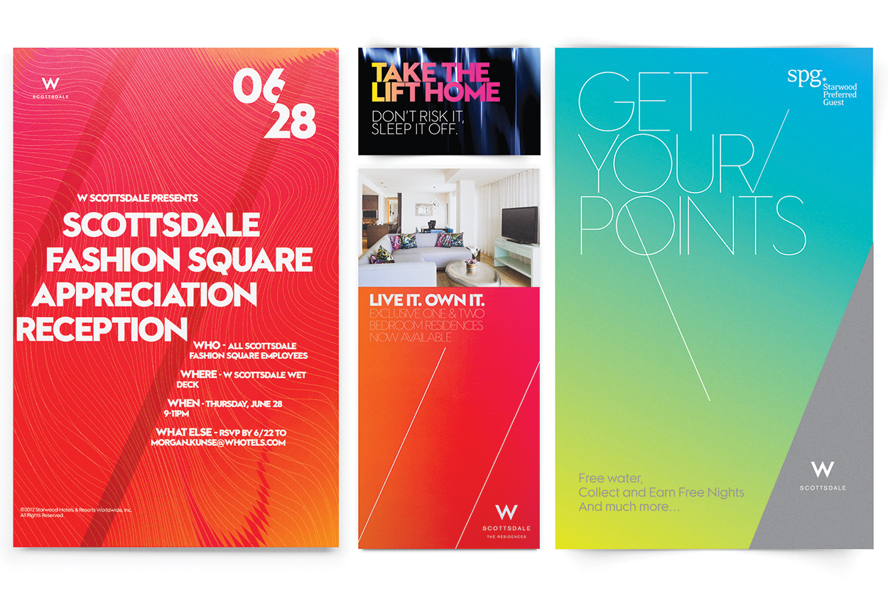 Colorful print collateral for the W Scottsdale, event, in-room, take-aways