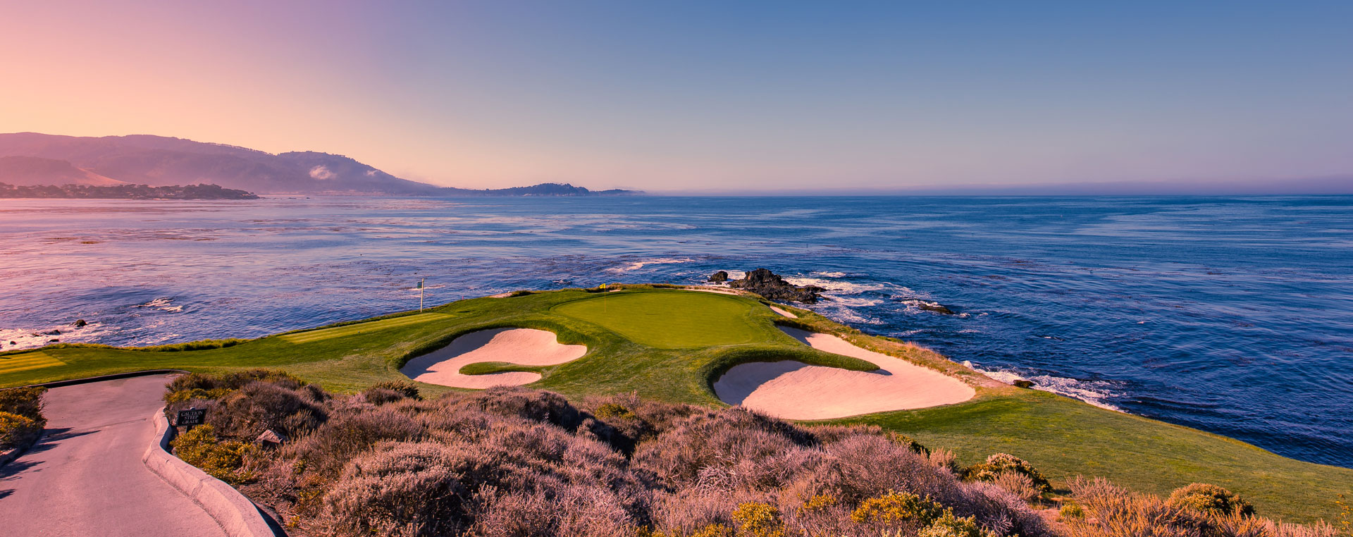 Beautiful ocean-side golf course at sunset